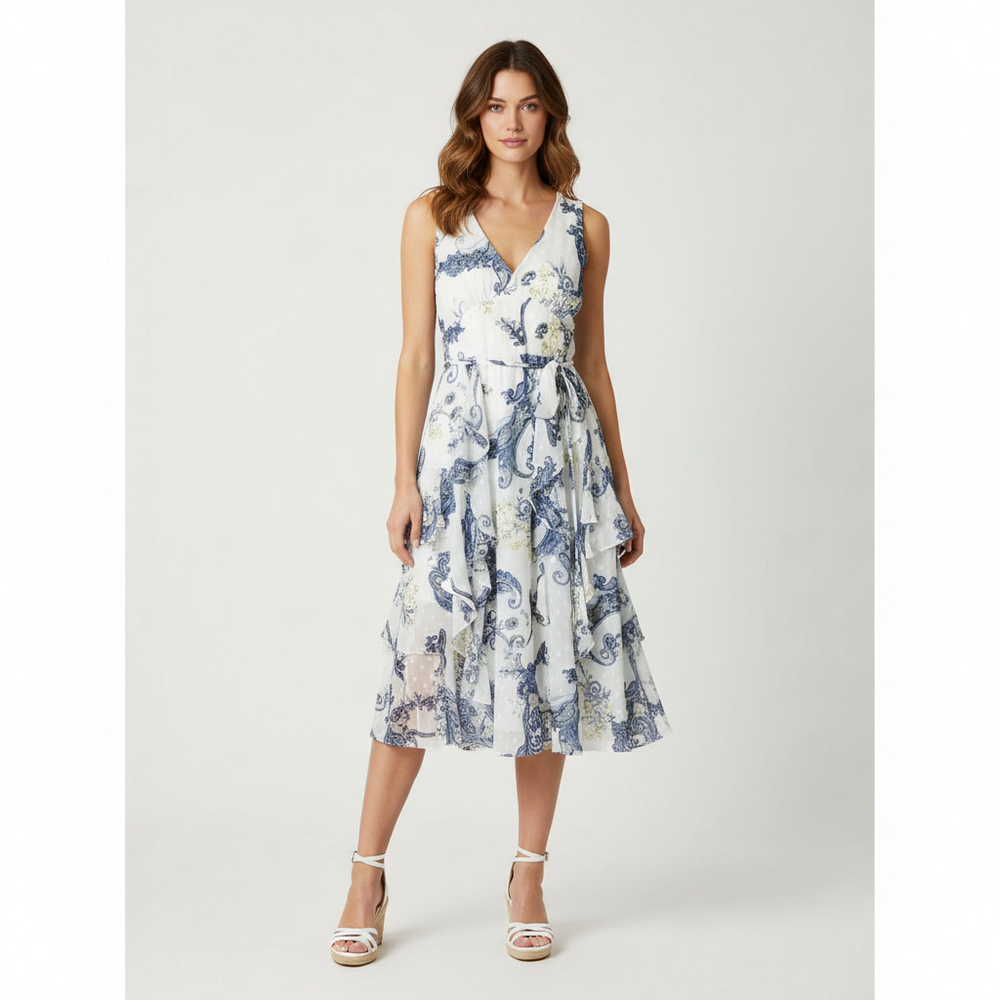 Gabby Skye Women's Sleeveless Paisley Clip Dot Ruffle MIDI Cocktail Dress Size 4